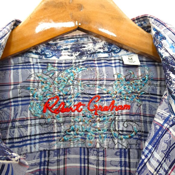 Robert Graham Classic Fit Plaid Button Down Shirt M Blue Red Embroidered Cuffs - Picture 4 of 12